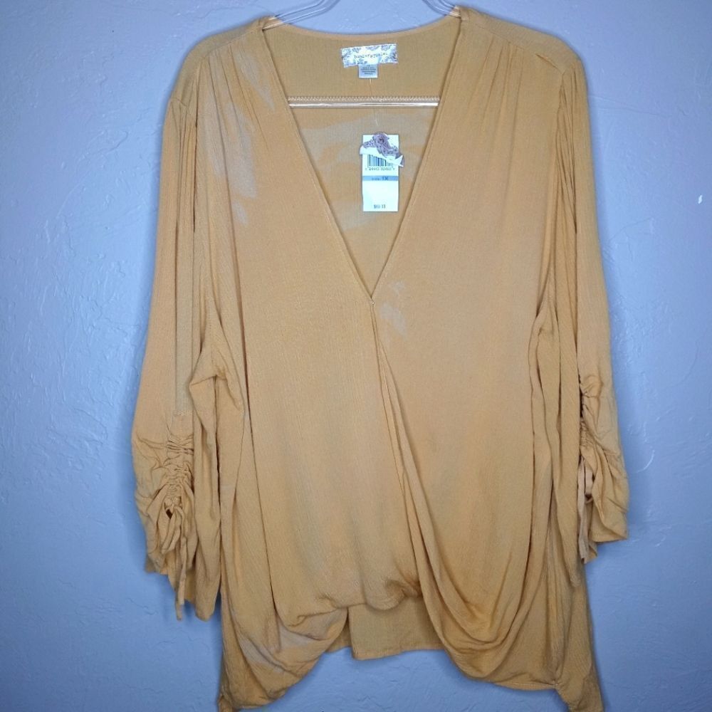 Band of Gypsies Gold Faux Wrap Top with Ruched Sleeves